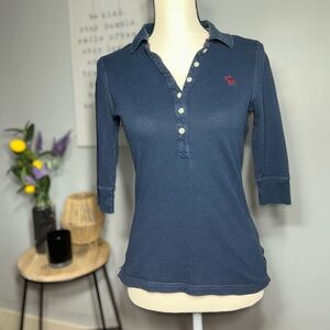 Vintage Abercrombie & Fitch Navy Blue Collared Button Polo Shirt 3/4 Sleeve M